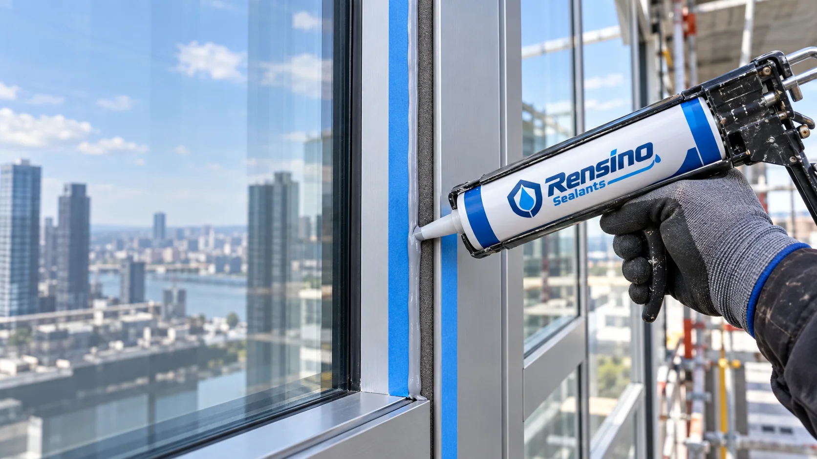 Rensino sealant applied to an aluminum curtain wall joint