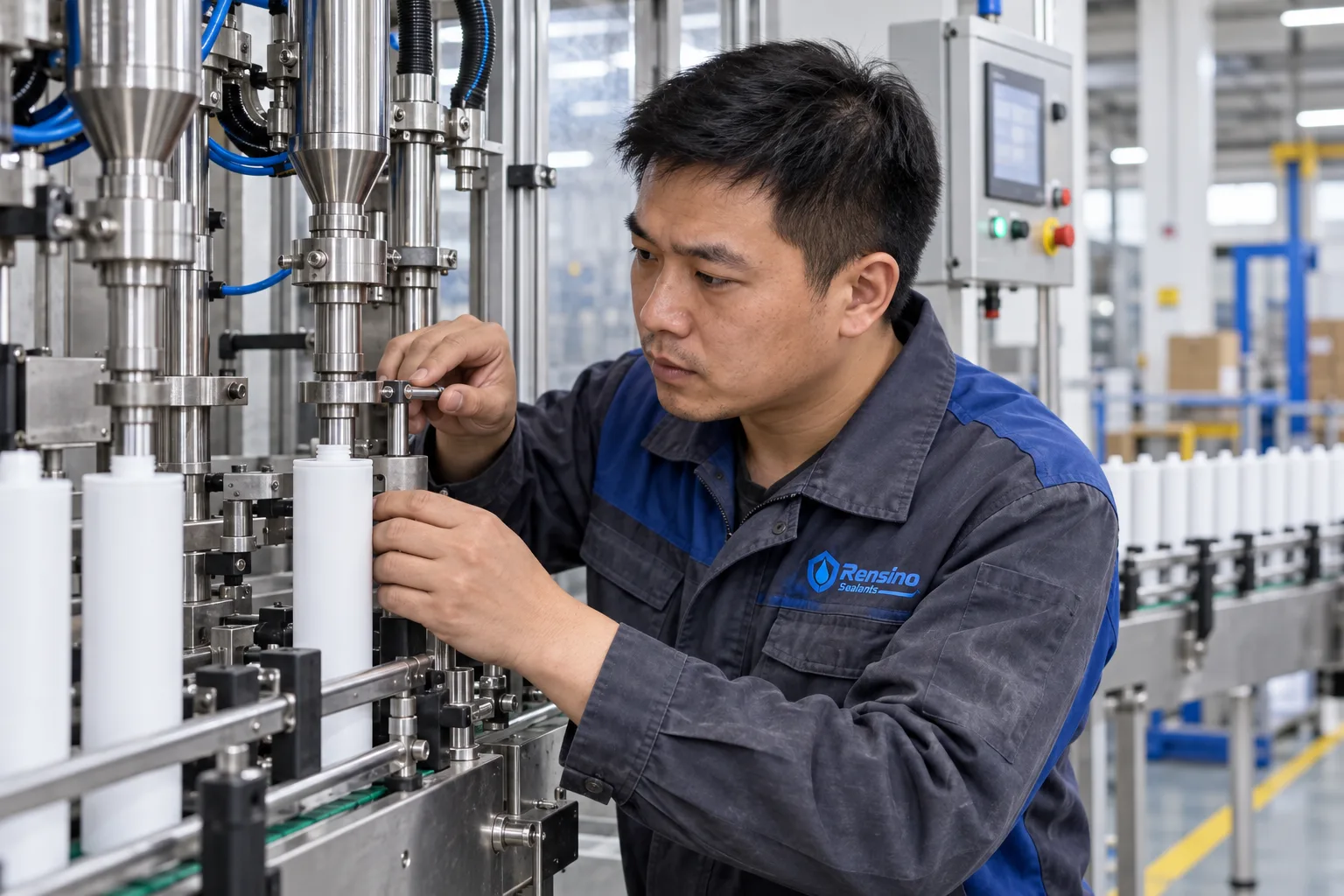 Rensino operator inspecting an automatic sealant cartridge filling machine