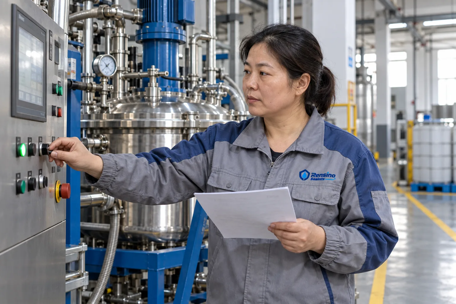 Rensino technician controlling the sealant mixing and vacuum process