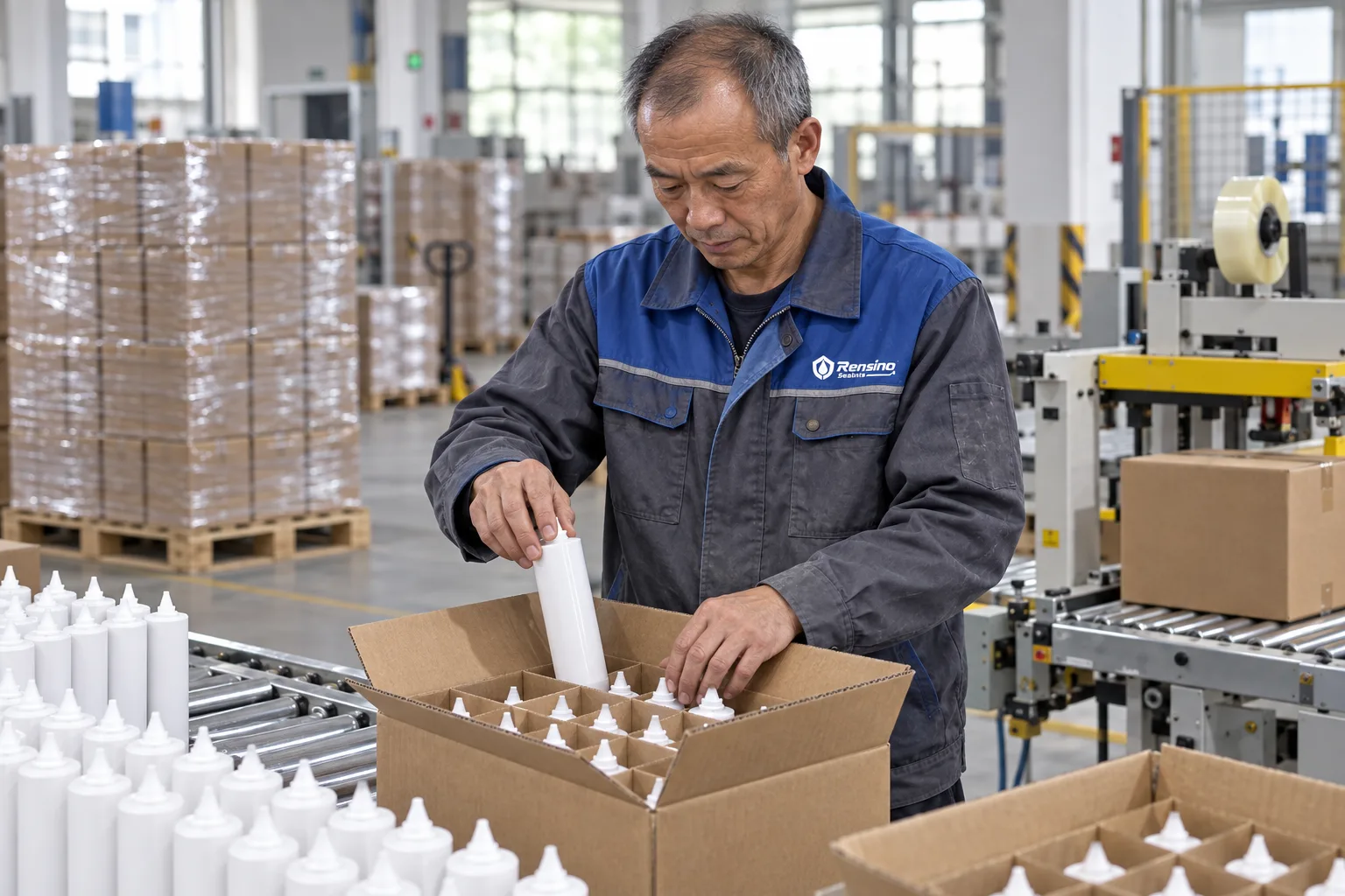 Rensino worker packing finished sealant cartridges for shipment
