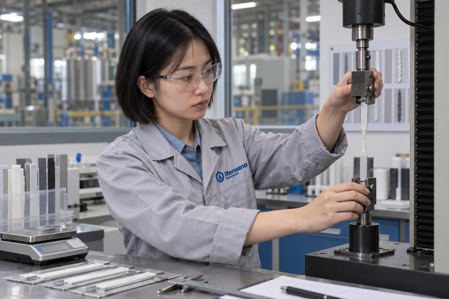 Rensino quality technician testing cured sealant adhesion and strength